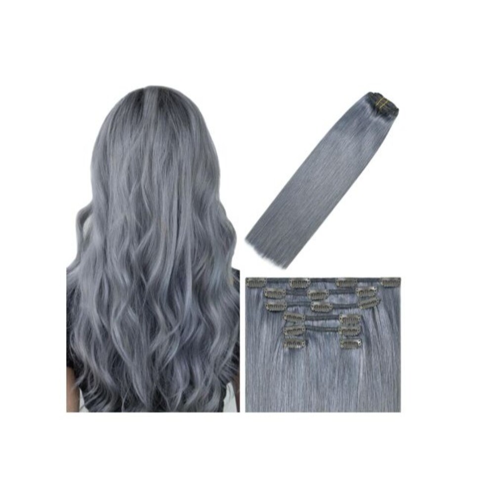 7 PCS Remy Human Hair Clip In Hair Extensions 15 In Gray Hair 75g per pack